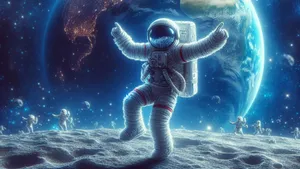 크레이터 위를 떠다니는 인물 일러스트